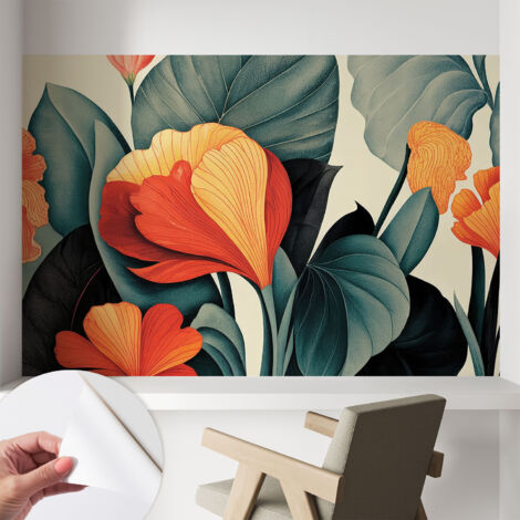 Selbstklebend Tapete - Wandgestaltung - Tapete Wohnzimmer - Flur Eingangsbereich Bunte Blumen 104x70 cm