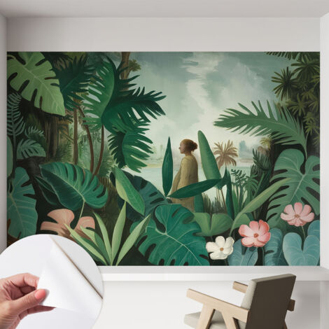 Selbstklebend Tapete - Wandgestaltung - Tapete Wohnzimmer - Flur Eingangsbereich Exotischer Dschungel 152x104 cm