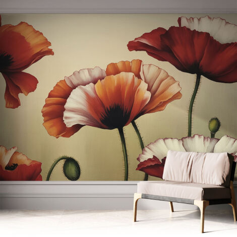 Selbstklebend Tapete - Wandgestaltung - Tapete Wohnzimmer - Flur Eingangsbereich Fröhliche Mohnblumen 312x219 cm