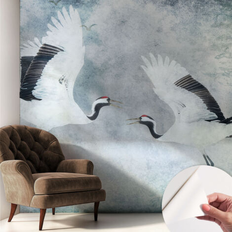 Selbstklebend Tapete - Wandgestaltung - Tapete Wohnzimmer - Flur Eingangsbereich Harmonische Kraniche 250x250 cm