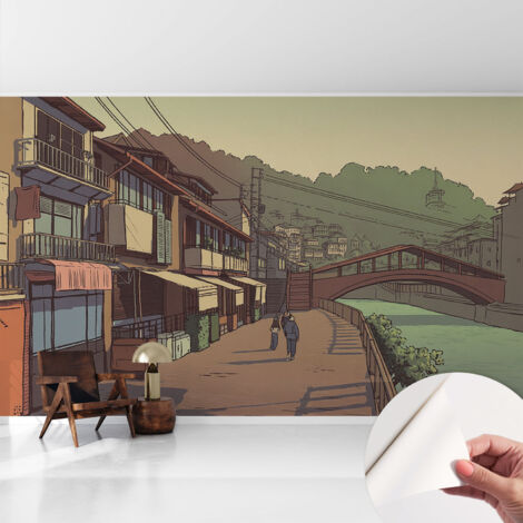 Selbstklebend Tapete - Wandgestaltung - Tapete Wohnzimmer - Flur Eingangsbereich Pastellfarbene Landschaft 416x254 cm