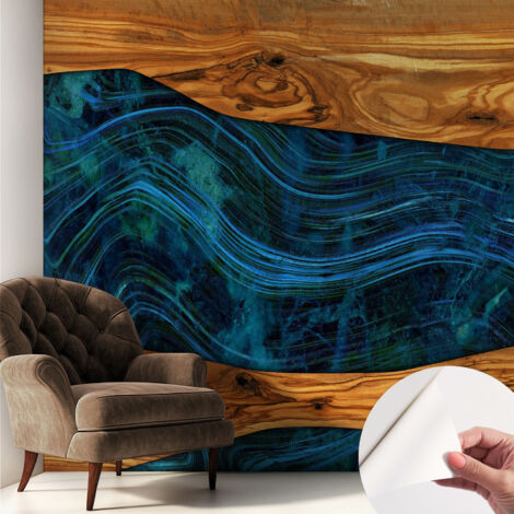 Selbstklebende Tapete modern Wohnzimmer - Wanddeko Schlafzimmer - Tapete mit Motiv Blaues Holz 250x250 cm