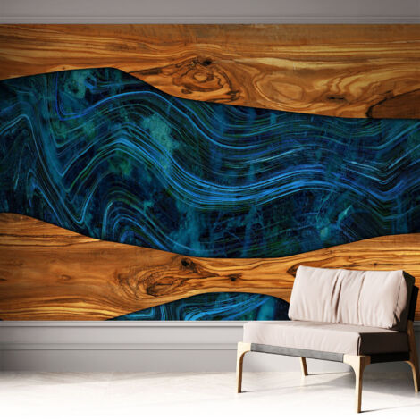 Selbstklebende Tapete modern Wohnzimmer - Wanddeko Schlafzimmer - Tapete mit Motiv Blaues Holz 312x219 cm