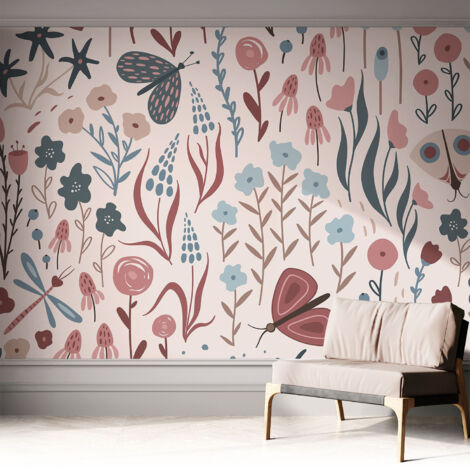 Selbstklebende Tapete modern Wohnzimmer - Wanddeko Schlafzimmer - Tapete mit Motiv Blumen und Insekten 312x219 cm