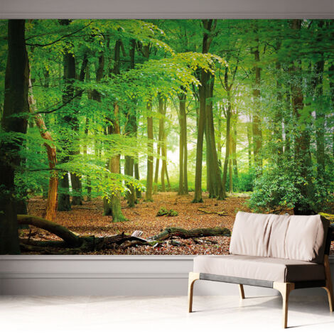 Selbstklebende Tapete modern Wohnzimmer - Wanddeko Schlafzimmer - Tapete mit Motiv Grüner Wald 312x219 cm