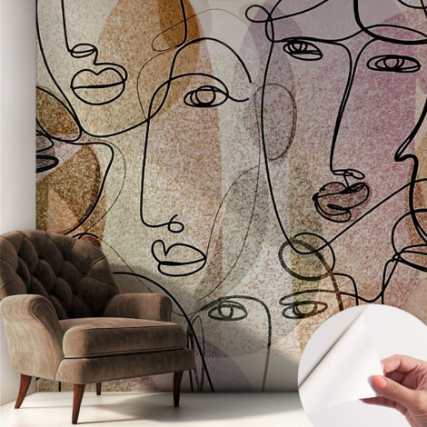 Selbstklebende Tapete modern Wohnzimmer - Wanddeko Schlafzimmer - Tapete mit Motiv Lineare Gesichter 250x250 cm