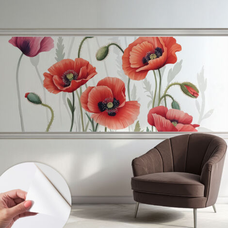 Selbstklebende Tapete modern Wohnzimmer - Wanddeko Schlafzimmer - Tapete mit Motiv Rote Mohnblumen 250x104 cm