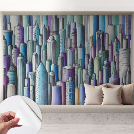 Selbstklebende Tapete modern Wohnzimmer - Wanddeko Schlafzimmer - Tapete mit Motiv Stadthochhäuser 208x146 cm