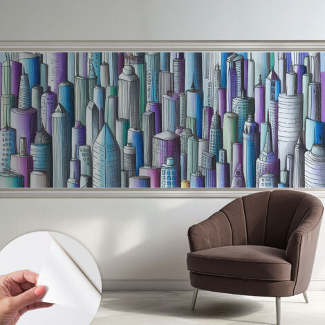 Selbstklebende Tapete modern Wohnzimmer - Wanddeko Schlafzimmer - Tapete mit Motiv Stadthochhäuser 250x104 cm