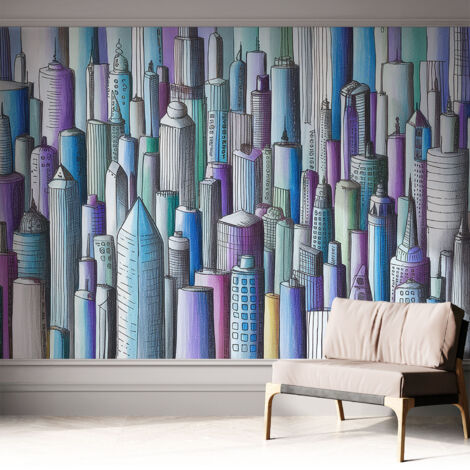 Selbstklebende Tapete modern Wohnzimmer - Wanddeko Schlafzimmer - Tapete mit Motiv Stadthochhäuser 312x219 cm