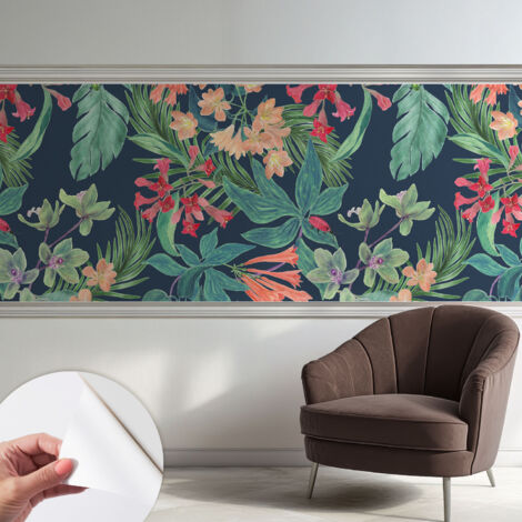 Selbstklebende Tapete modern Wohnzimmer - Wanddeko Schlafzimmer - Tapete mit Motiv Tropische Blumen 250x104 cm