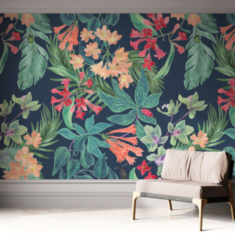 Selbstklebende Tapete modern Wohnzimmer - Wanddeko Schlafzimmer - Tapete mit Motiv Tropische Blumen 312x219 cm