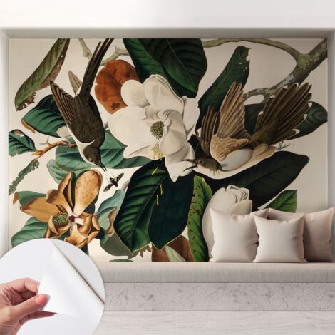 Selbstklebende Tapete modern Wohnzimmer - Wanddeko Schlafzimmer - Tapete mit Motiv Vögel und Magnolien 208x146 cm