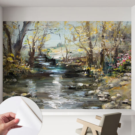 Selbstklebende Tapete modern Wohnzimmer - Wanddeko Schlafzimmer - Tapete mit Motiv Waldbach 152x104 cm