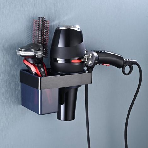 Selbstklebender Wandhalter für Haartrockner, Aluminiumhalterung mit Aufbewahrungsmöglichkeit und Kabel für das Badezimmer (Schwarz)