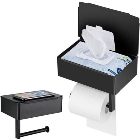 Selbstklebender, wandmontierter Toilettenpapierhalter mit Taschentuchbox, bohrfreier Toilettenpapierhalter aus Edelstahl, Badezimmer-Organizer in Mattschwarz mit Ablage