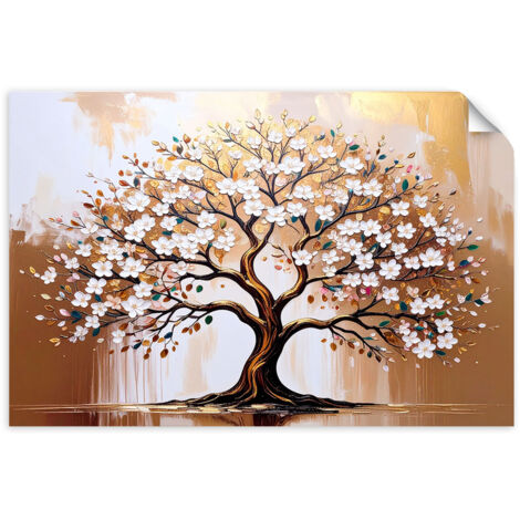Selbstklebendes Poster – Wandsticker Baum des Lebens Blumen Beige 120x80 cm