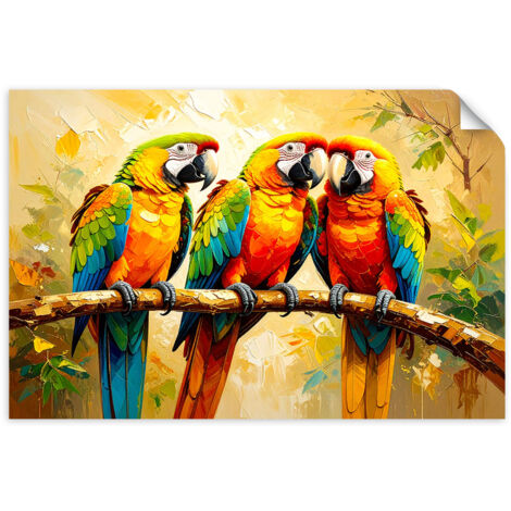 Selbstklebendes Poster – Wandsticker Bunte Papageien auf einem Ast 120x80 cm