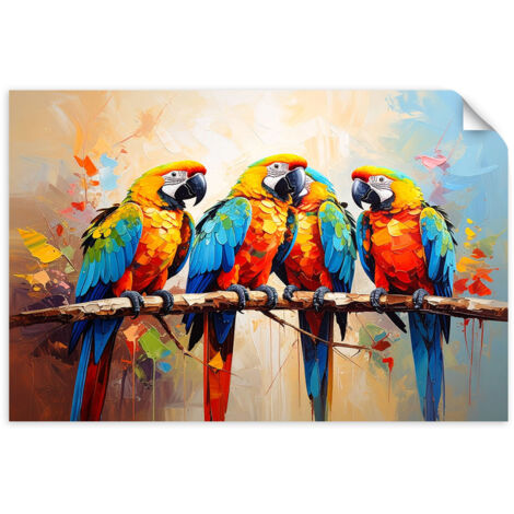 Selbstklebendes Poster – Wandsticker Bunte Papageien Vögel auf einem Ast 90x60 cm
