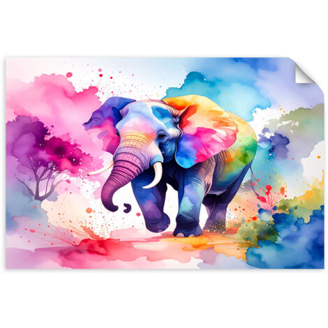 Selbstklebendes Poster – Wandsticker Bunter Elefant Safari Aquarell 45x30 cm