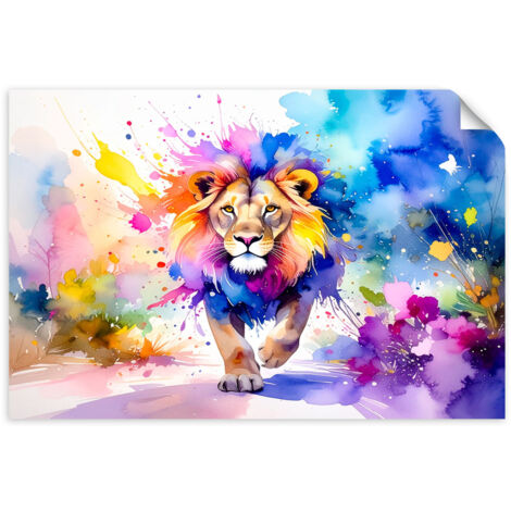 Selbstklebendes Poster – Wandsticker Bunter Löwe im Dschungel Aquarell 130x90 cm