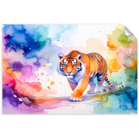Selbstklebendes Poster – Wandsticker Bunter Tiger Safari Aquarell 60x40 cm