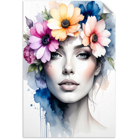 Selbstklebendes Poster – Wandsticker Frau mit Blumen auf dem Kopf 60x90 cm