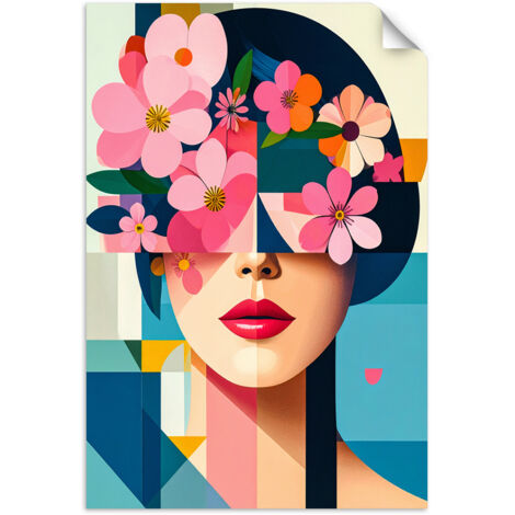 Selbstklebendes Poster – Wandsticker Frau mit Blumen auf dem Kopf im Bauhaus-Stil 30x45 cm