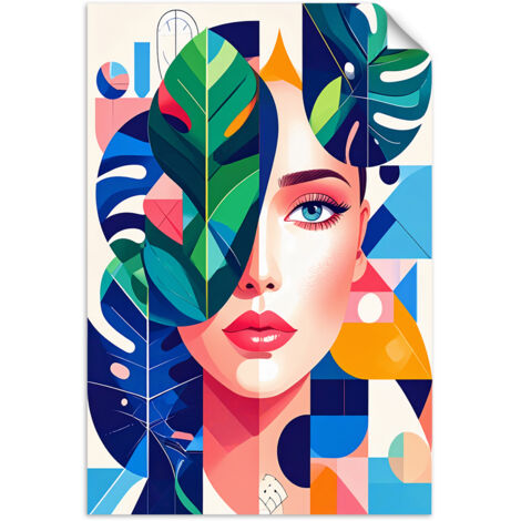 Selbstklebendes Poster – Wandsticker Frau mit Monstera-Blättern im Bauhaus-Stil 20x30 cm
