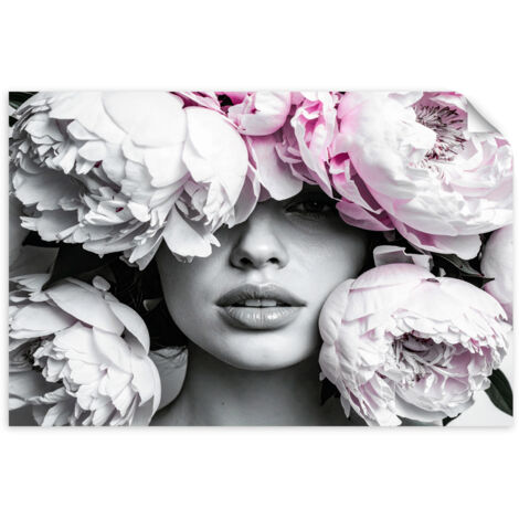 Selbstklebendes Poster – Wandsticker Frau mit Pfingstrosenblüten auf dem Kopf 60x40 cm