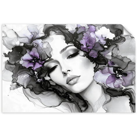 Selbstklebendes Poster – Wandsticker Frau mit violetten Blumen auf dem Kopf 120x80 cm