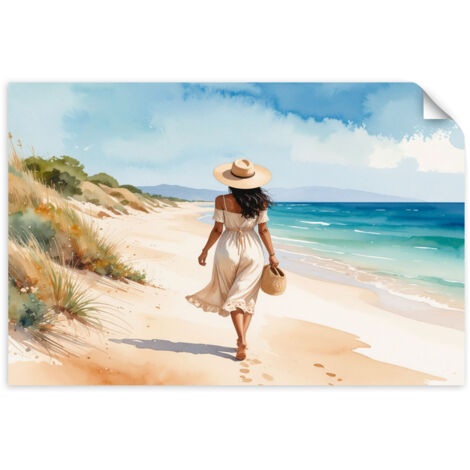 Selbstklebendes Poster – Wandsticker Frau spaziert am Strand 30x20 cm