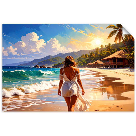 Selbstklebendes Poster – Wandsticker Frau Strand Meer Palmen 120x80 cm
