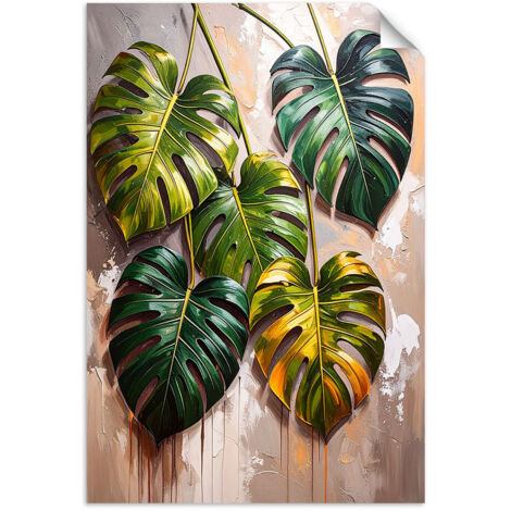 Selbstklebendes Poster – Wandsticker Monstera-Blätter auf gemaltem Hintergrund 20x30 cm
