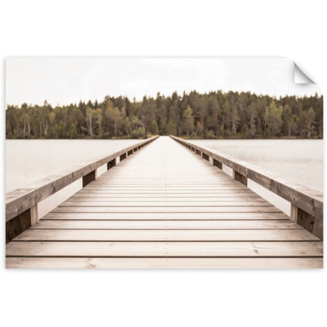 Selbstklebendes Poster – Wandsticker Pier See Wald Landschaft beige 60x40 cm