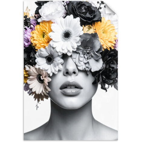 Selbstklebendes Poster – Wandsticker Porträt einer Frau mit Blumen auf dem Kopf 20x30 cm