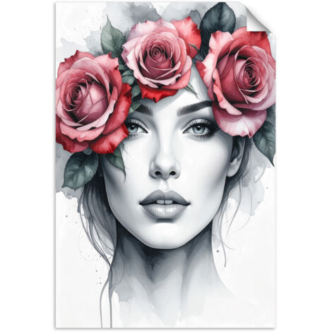 Selbstklebendes Poster – Wandsticker Porträt einer Frau mit Rosenblüten auf dem Kopf 20x30 cm