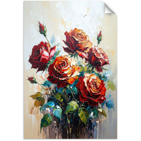 Selbstklebendes Poster – Wandsticker Rote Rosen Blumen in Farbe imitiert 60x90 cm