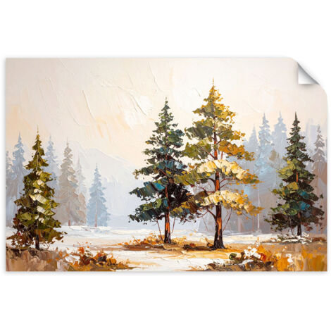 Selbstklebendes Poster – Wandsticker Wald Bäume Kiefern Landschaft Imitation Farbe 60x40 cm