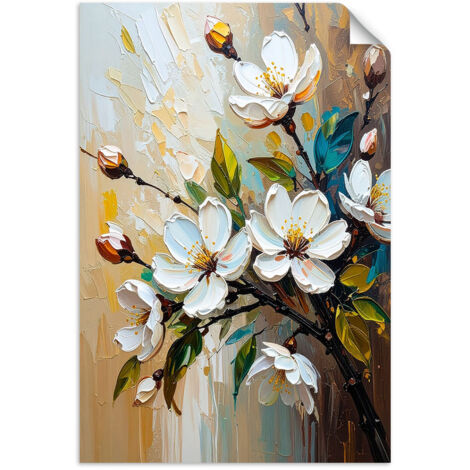 Selbstklebendes Poster – Wandsticker Weiße Blumen mit Ölfarbeffekt 60x90 cm