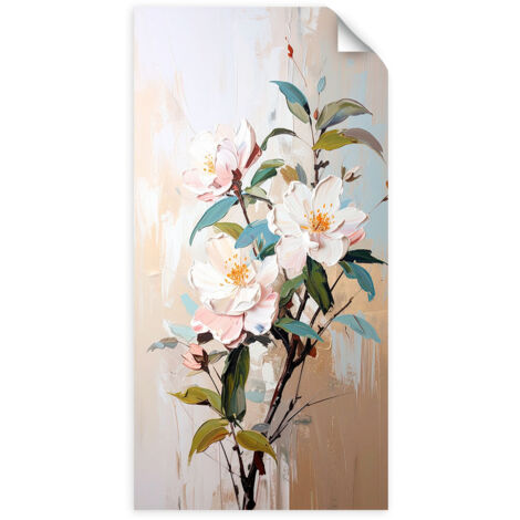 Selbstklebendes Poster – Wandsticker Weiße Blumen Zweige Blätter Farbeffekt 50x100 cm