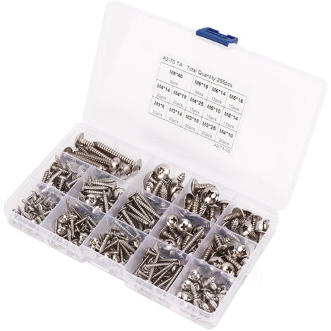 Selbstschneidende Blechschrauben mit Linsenkopf – Set mit 255 Schrauben der Größen M3, M4, M5 und M6 aus Edelstahl 304 inklusive Aufbewahrungsbox