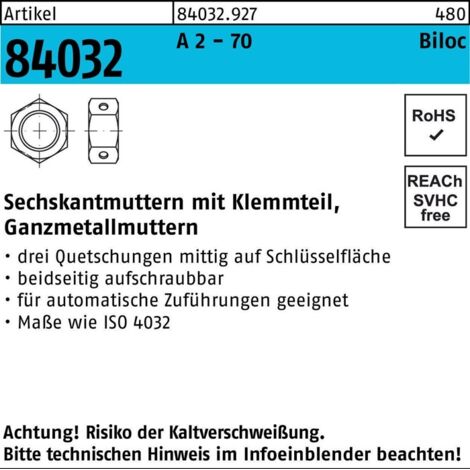 Selbstsichernde Sechskantmutter ART 84032 M 16 x 2 Edelstahl A2 blank Biloc 50 Stk