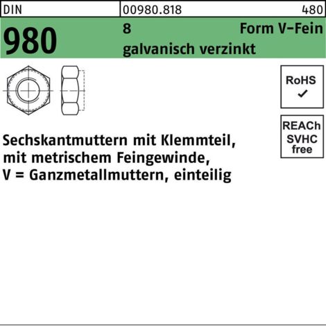 Selbstsichernde Sechskantmutter DIN 980 M 14 x 1,5 Stahl galvanisch verzinkt 100 Stk