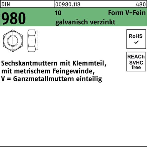 Selbstsichernde Sechskantmutter DIN 980 M 16 x 1,5 Stahl galvanisch verzinkt 50 Stk