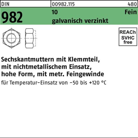Selbstsichernde Sechskantmutter DIN 982 M 12 x 1,5 Stahl galvanisch verzinkt 100 Stk