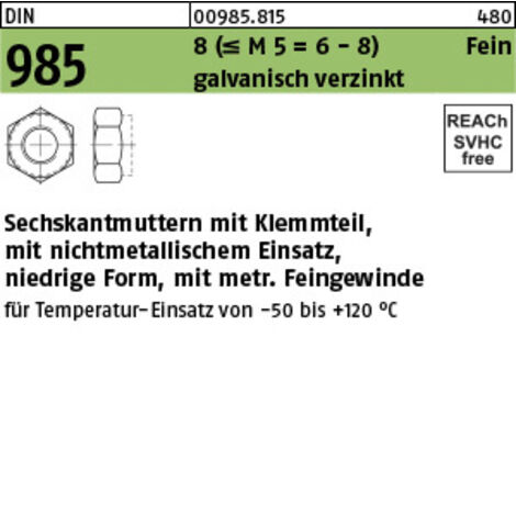 Selbstsichernde Sechskantmutter DIN 985 M 22 x 1,5 Stahl galvanisch verzinkt 25 Stk