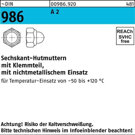 Selbstsichernde Sechskantmutter DIN 986 M 12 x 1,75 Edelstahl A2 blank 50 Stk