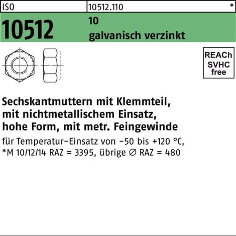 Selbstsichernde Sechskantmutter ISO 10512 M 16 x 1,5 Stahl galvanisch verzinkt 50 Stk