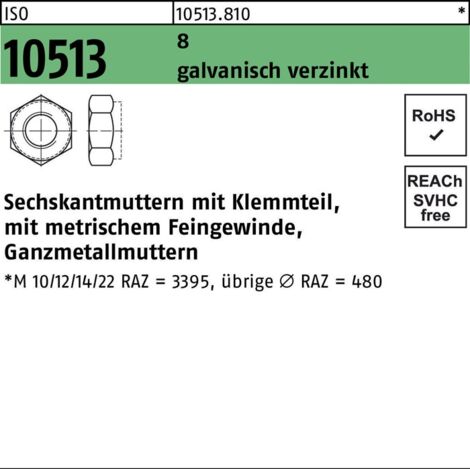 Selbstsichernde Sechskantmutter ISO 10513 M 8 x 1 Stahl galvanisch verzinkt 400 Stk